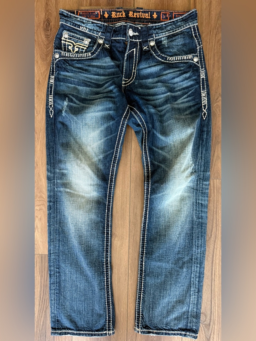 Rock Revival Joseph Straight Jeans Mens 34x32 Blue Embroidered Denim